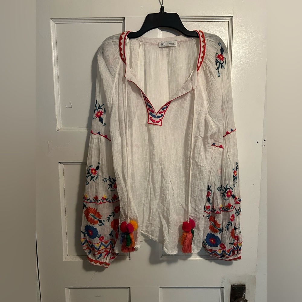 Zara White Blouse with Colorful Embroidery